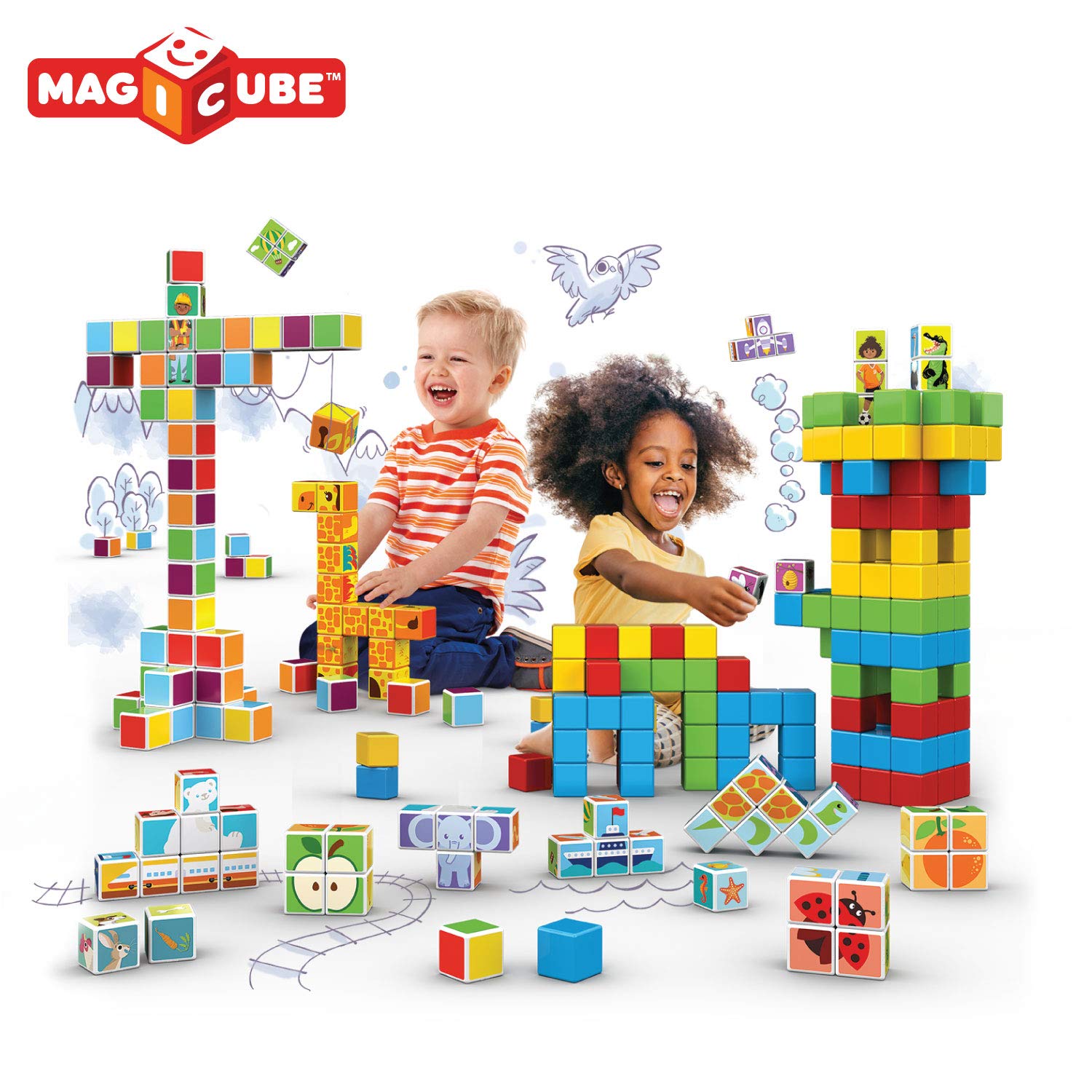 Geomag MagiCube Fruit 4-Piece Magnetic Cubes Building Set, Toddlers & Kids Ages 1.5+, STEM-Endorsed Educational Toy, Swiss-Made, Creativity & Early Learning Fun, 6 Adorable Building Ideas