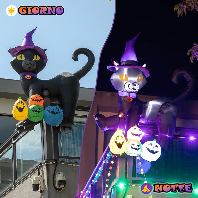 180CM Gatto Nero Halloween Gonfiabili Decorazioni - Gatto Gonfiabile con Cappello da Strega e luci LED Incorporate - Blow Up Halloween Decorazioni Esterno per Prato Giardino Cortile — foto 7 di 8