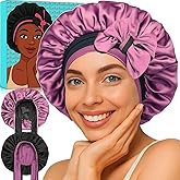 Atgdluk® Reversible Silk Bonnet for Sleeping Women - Double Layer & Color Satin Bonnet, Adjustable Hair Cap for Curly & Textured Hair (Rose Pink & Black)