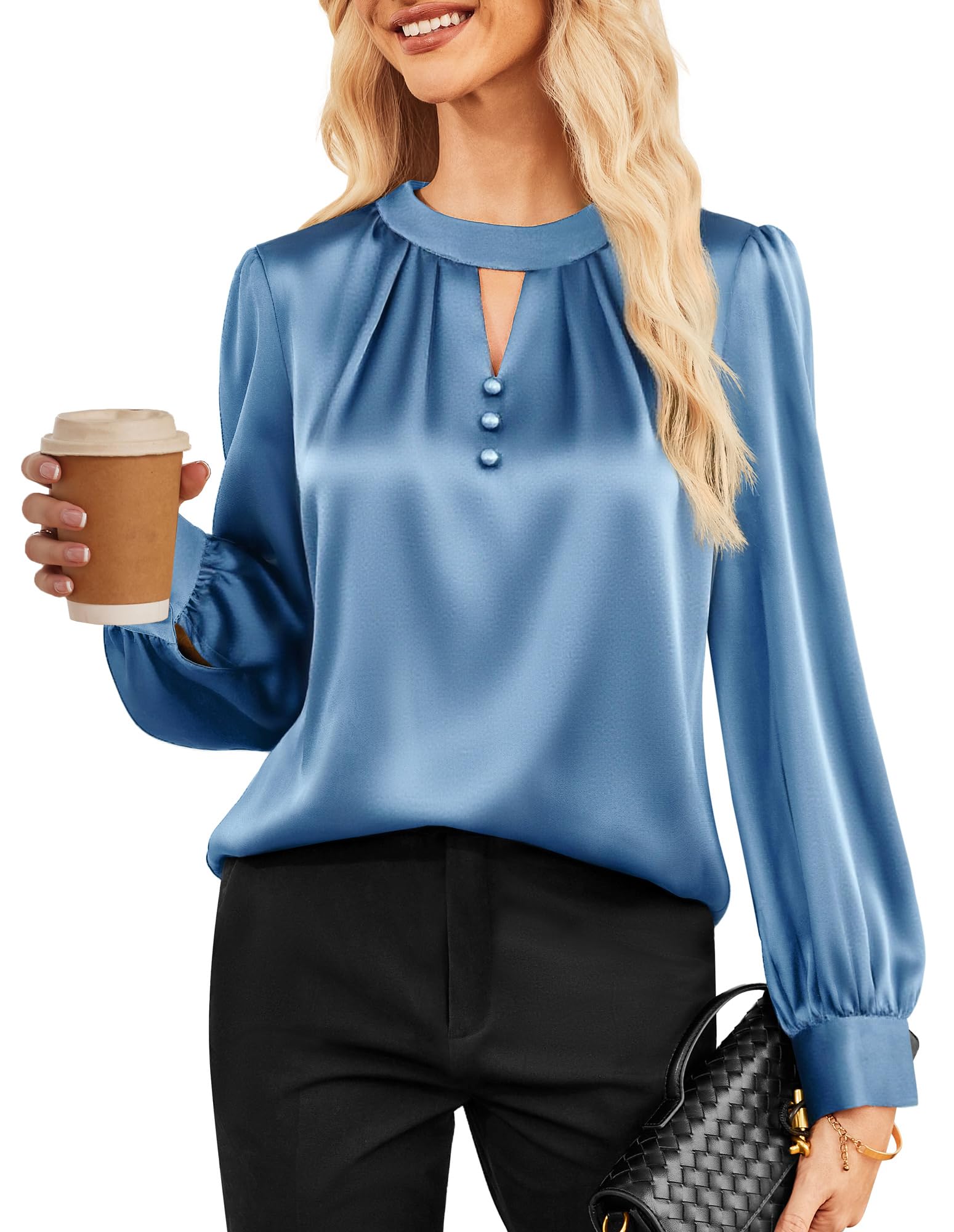 Photo 1 of GRACE KARIN Women Satin Silk Tops,Business Casual Blouse,Dressy Work Long Sleeve Shirts Office Outfits Fall 2025 Grey Blue XX-Large
