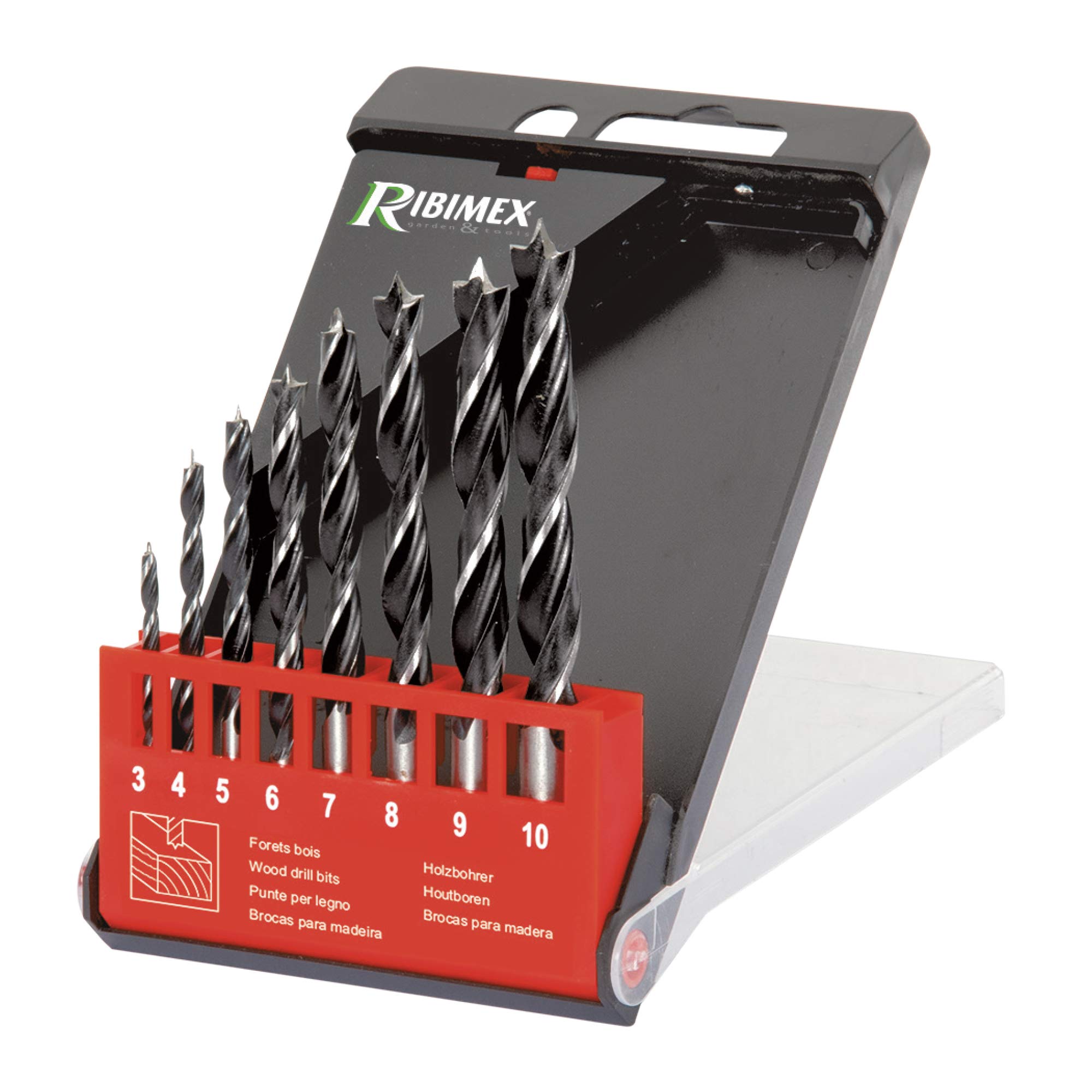 Ribimex PRFE8BOIS/V Set of 8 Wood Bits Ø 3,4,5,6,7,8,9,10, Red and Black
