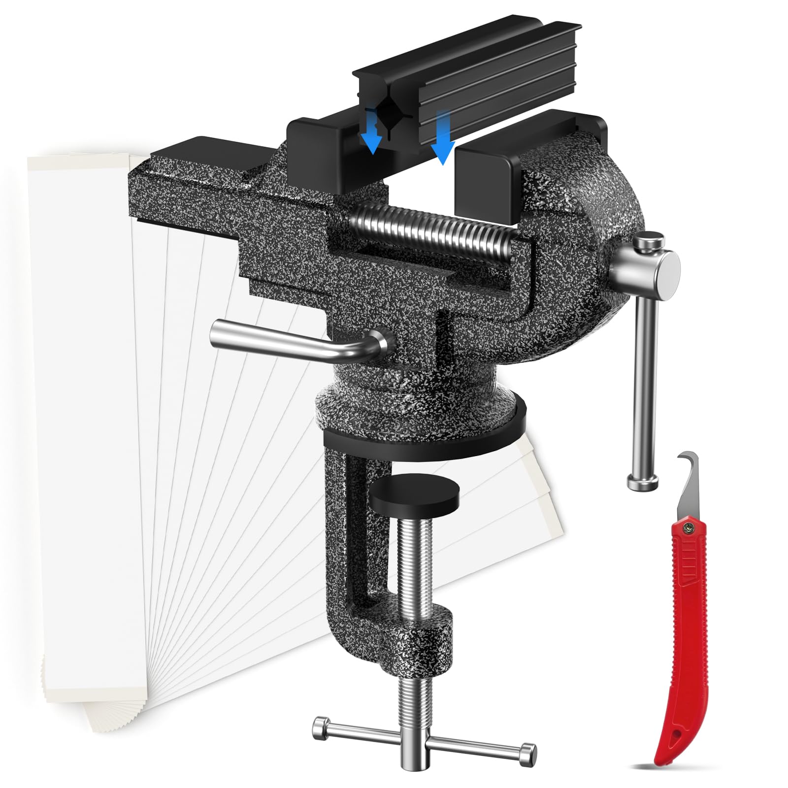 Photo 1 of Golf Grip Vise Clamp Kit for Regripping Golf Club, Golf Grip Removal Tool - Inlcudes 15 Double-Sided Tapes (2"x 10"), 360° Swivel Portable Table Vise, A Hook Knife, Rubber Sleeve (No Solvent)