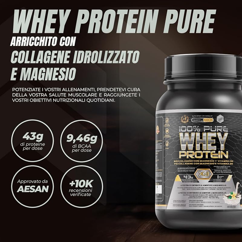 Whey Protein | Proteina Whey pura con Collagene e Magnesio | Migliora i tuoi allenamenti | Protegge e aumenta la massa muscolare | 1000g di proteina (Vaniglia)