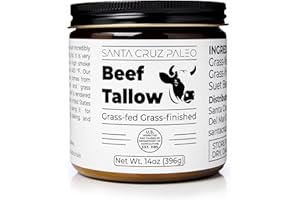 Santa Cruz Paleo Beef Tallow for Skin Care & Cooking, 100% Grass Fed and Finished, Gluten Free, Keto, Sugar Free, Paleo, Use as Lip Balm or Moisturizer, With Vitamin D, E, K, B1, A, Fatty Acids, 14 Oz