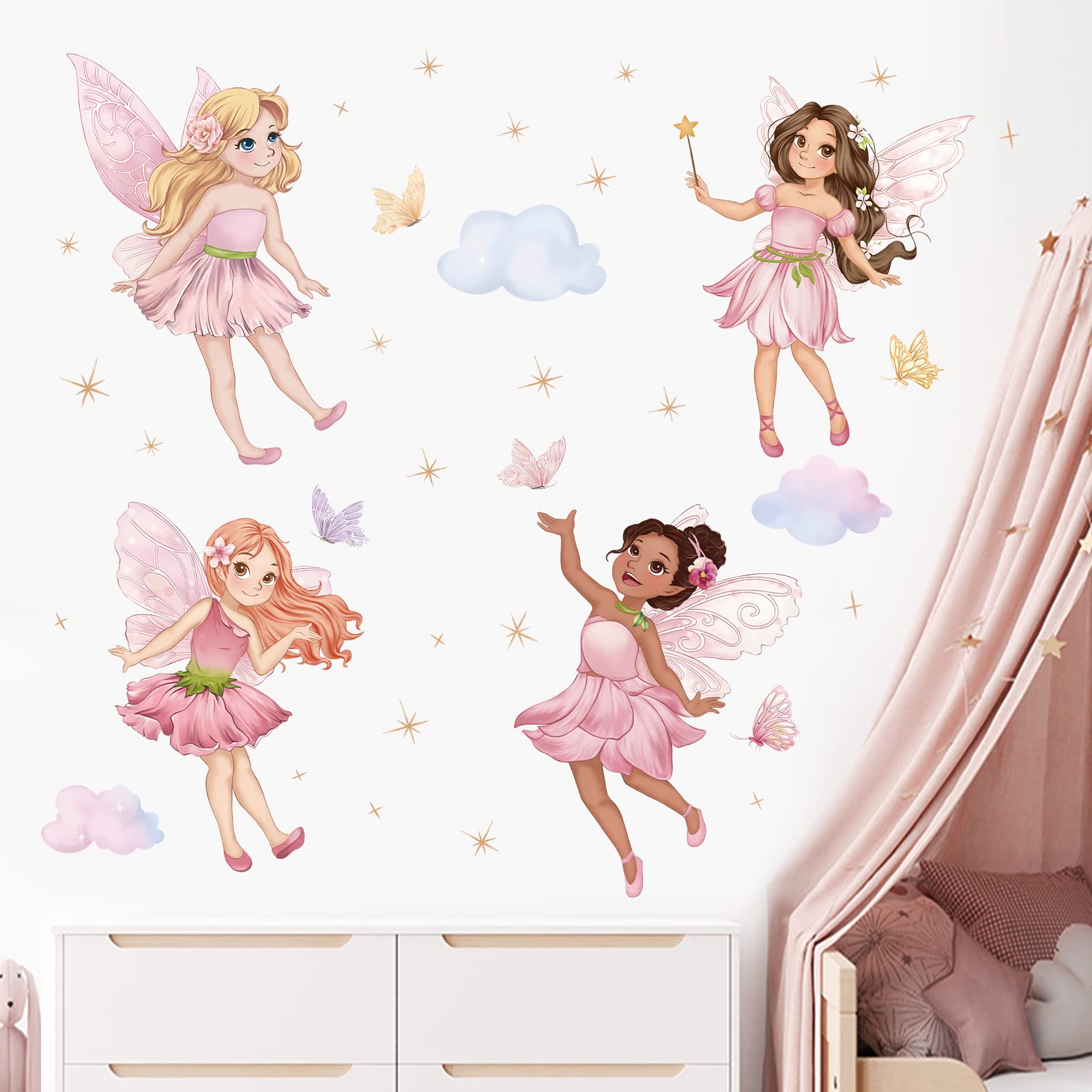 wondever Fairy Wall Stickers Elves Butterfly Girls Peel and Stick Wall Art Decals for Girls Bedroom Kids Room Baby Nursery