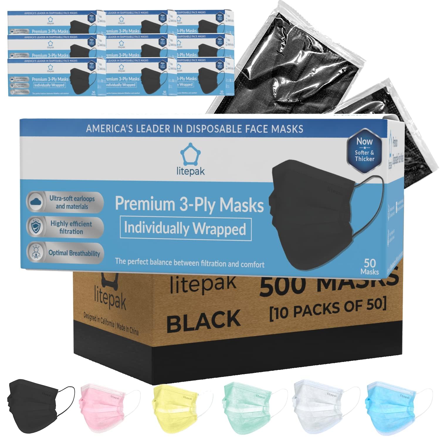 Litepak 500pcs Premium Disposable Face Mask SOFT 3ply Nose Wire (Black (Wrapped)-500pcs) Image