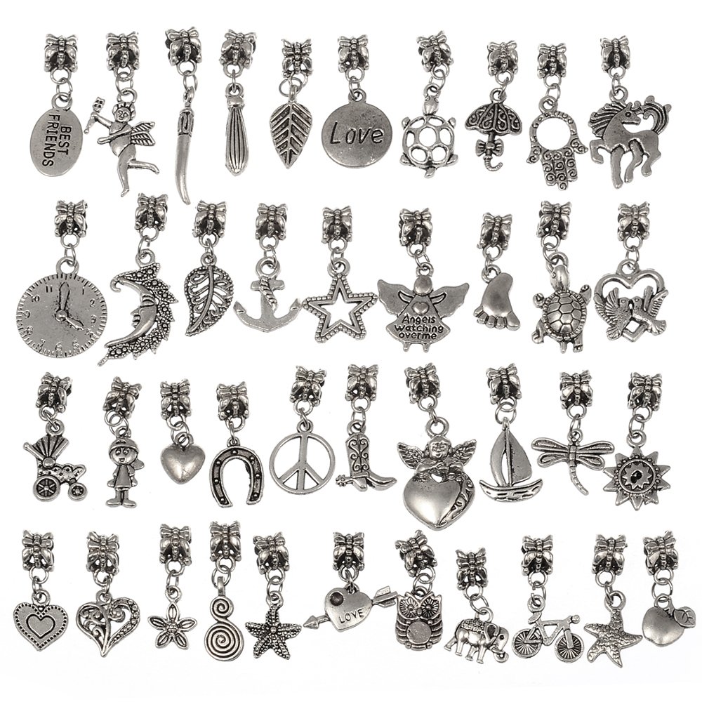 RUBYCA 120Pcs Tibetan Silver Color Connector Bails Mix Beads with Pendant fit Charm Bracelet 601