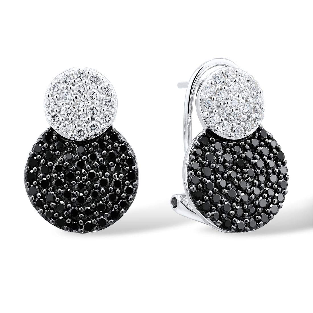 Namana Sterling Silver Double Disc Earrings with Black and White Cubic Zirconia Stones and Gift Box