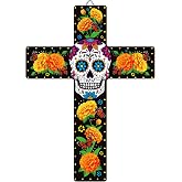 Day of the Dead Decoration Indoor Dia De Los Muertos Altar Decorations Mexican Cross Wall Decor Spanish Floral Marigold Cross Wall Signs Door Decor for Home Art Party Crucifix Church Halloween