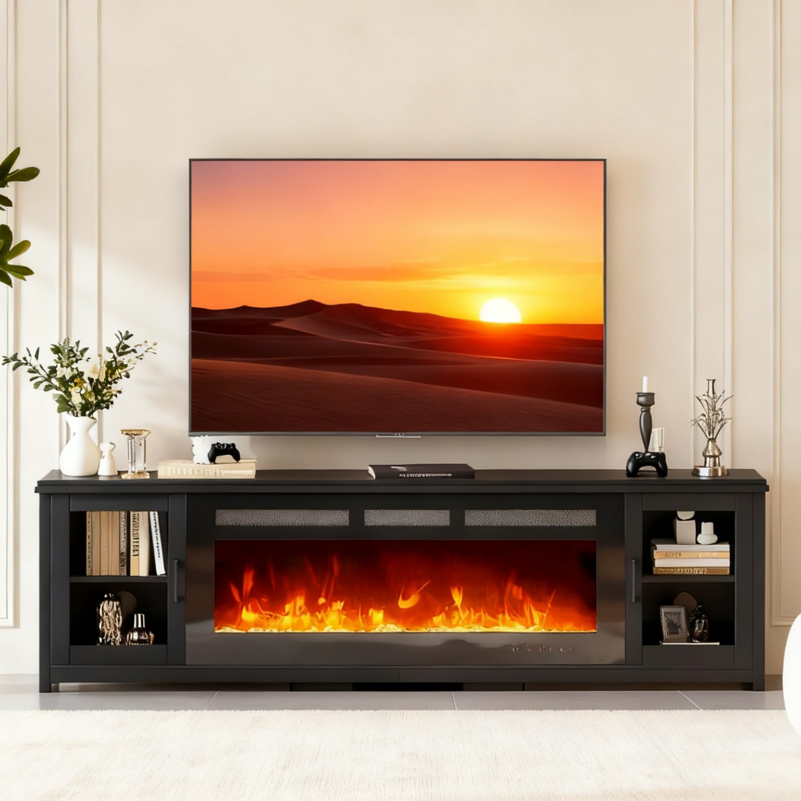 Photo 1 of """"""Fire Place Only, PERFECT"""" OneBlis 80" Fireplace TV Stand with 50" Smart Fireplace, Modern Fire Place Entertainment Center, Adjustable TV Console with 12-Color LED Lights, for Living Room, Black