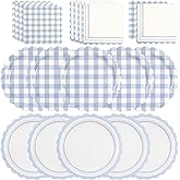48PCS Light Blue Gingham Paper Plates and Napkins Sets - Blue Scalloped Party Supplies Tableware, Disposable Dinner Plates Napkins Kit for Birthday Baby Shower Wedding Party Decorations