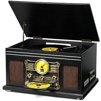 FEKTIK Bluetooth Record Player 10 in 1,FEKTIK 3-Speed Turntable for Vinyl with Speakers, LP to MP3 Converter, CD, Cassette Player, FM Radio, Wireless Streaming | Black