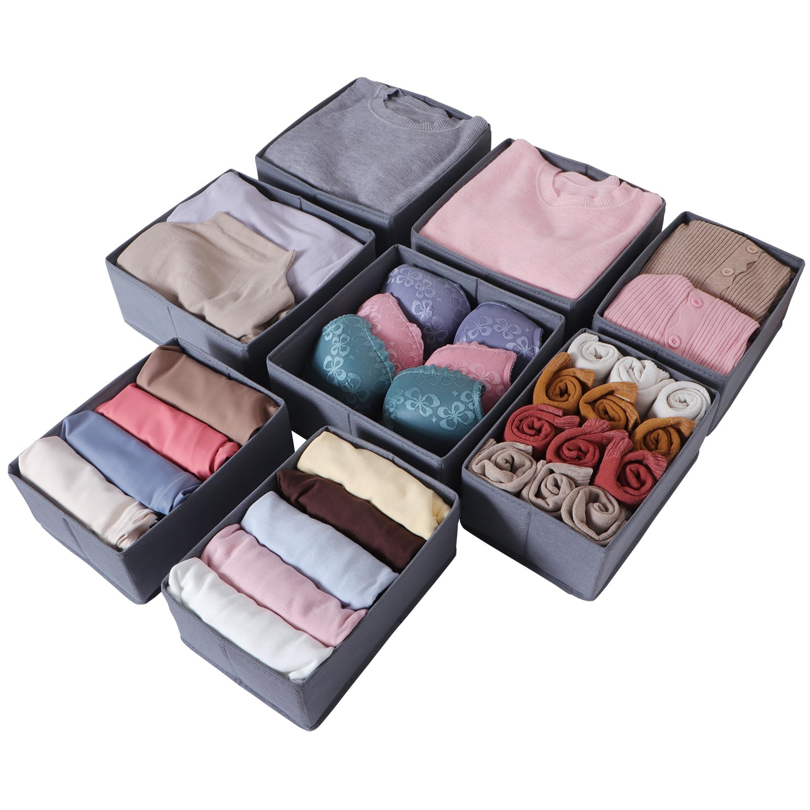 ORLISA 8-Pack Clothes Drawer Organisers, Foldable Wardrobe Storage Organiser, in 2 Sizes with Sturdy Base, Fabric Drawer Dividers for Underwear, Baby Clothing, Bras, Socks, Ties, Scarves，Grey