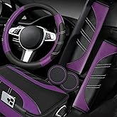 NBTEPEM 6 Pcs Purple Car Accessories Set, Sport Leather Steering Wheel Cover 14.5-15inch Universal, Leather Car Center Console Cover, Seat Belt Cushion, Cup Holder Coaster (Black-Purple)
