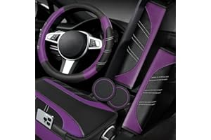 NBTEPEM 6 Pcs Purple Car Accessories Set, Sport Leather Steering Wheel Cover 14.5-15inch Universal, Leather Car Center Console Cover, Seat Belt Cushion, Cup Holder Coaster (Black-Purple)