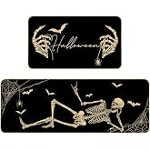 Halloween Kitchen Mats Set Of 2 Black Spooky Skeleton Spider Skull Kitchen Rug for Halloween Kitchen Rug Black Gothic Home Decor Non-Slip Washable Rug Kitchen Mat Doormat, 17 X 29 and 17 X 47 Inch