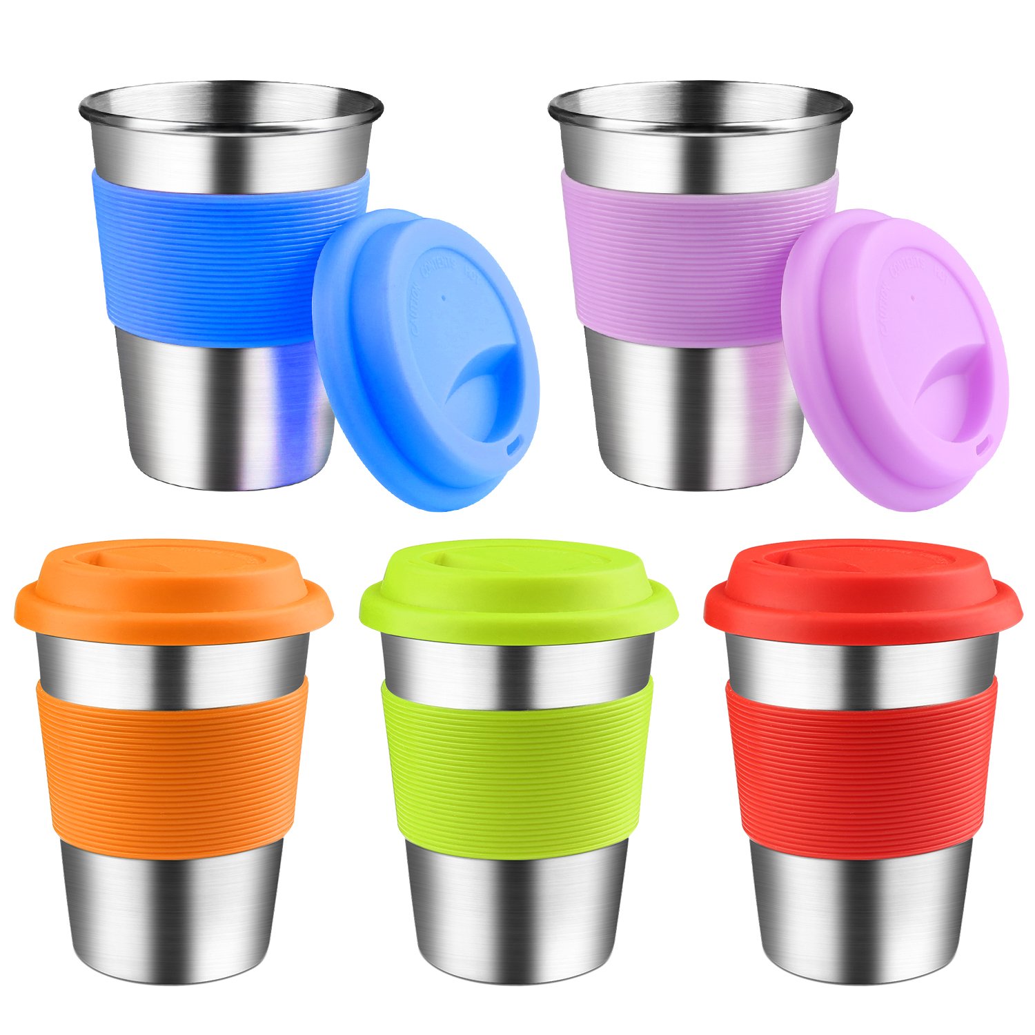Kids Stainless Steel Cups With Silicone Lids Sleeves, Kereda 5 Pack 11