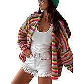 Yeokou Womens Striped Cardigan Sweaters Open Front Lightweight Knit Rainbow Color Block Casual Fall Layering Top