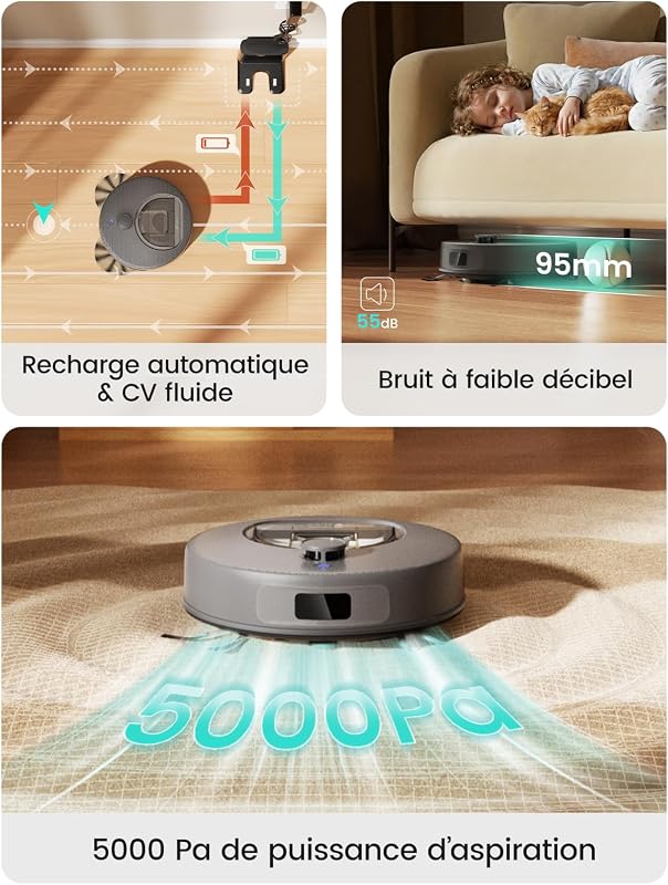 M330 Plus Robot Aspirateur Laveur Serpillière, 3en1, 5000Pa, Anti-emmêlement, Navigation LiDAR Précise, Zone Interdite Intelligente, Nettoyage Personnalisé, Idéal Sols Durs Tapis, APP/Alexa