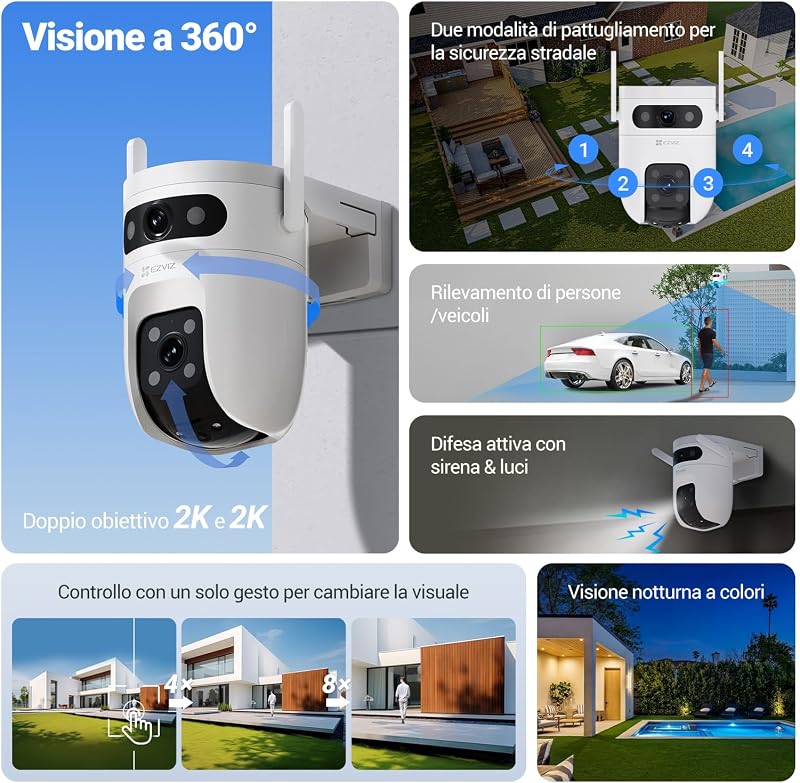 6MP (3MP+3MP) Telecamera WiFi Esterno con Doppia Lente, Telecamera per Esterni a 360°, Visione Notturna a Colori, Rilevamento Persone/Veicoli, Audio Bidirezionale, Impermeabile, C9c Dual 2K