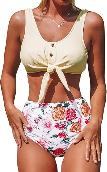 Amazon Cupshe 無地 タイフロントタンキニ 可愛い 花柄 ハイウエスト ビキニ 水着 ビキニ セパレーツ 通販