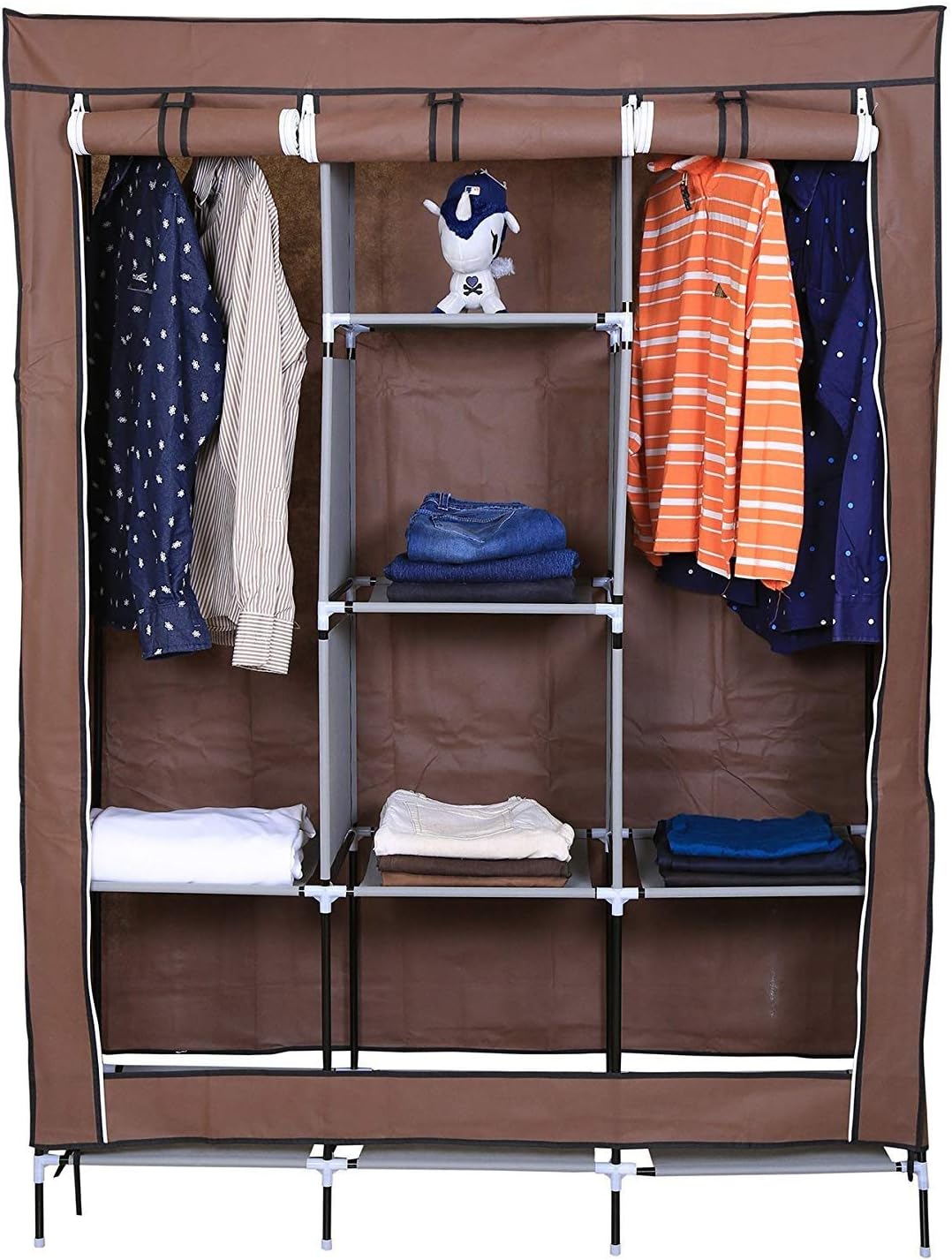 Willsbury Designer Portable Wardrobe for Clothes Closet Non-Woven Fabric Wardrobe Double Rod Storage Organizer Marron