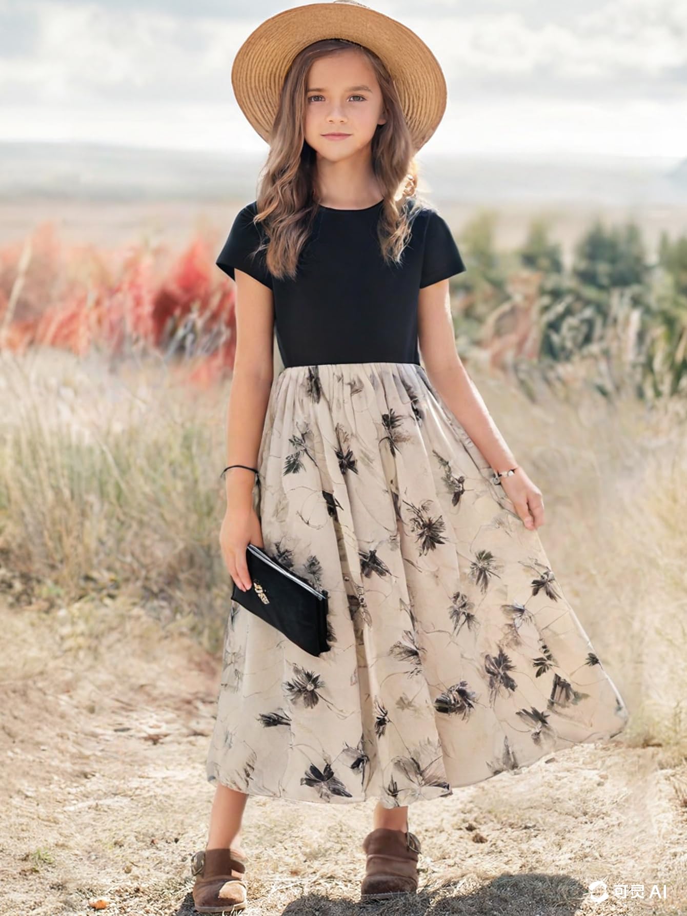 New 8-14Years Girls Elegant Dress Short Sleeve A-Line Floral Midi Party Special Occasion