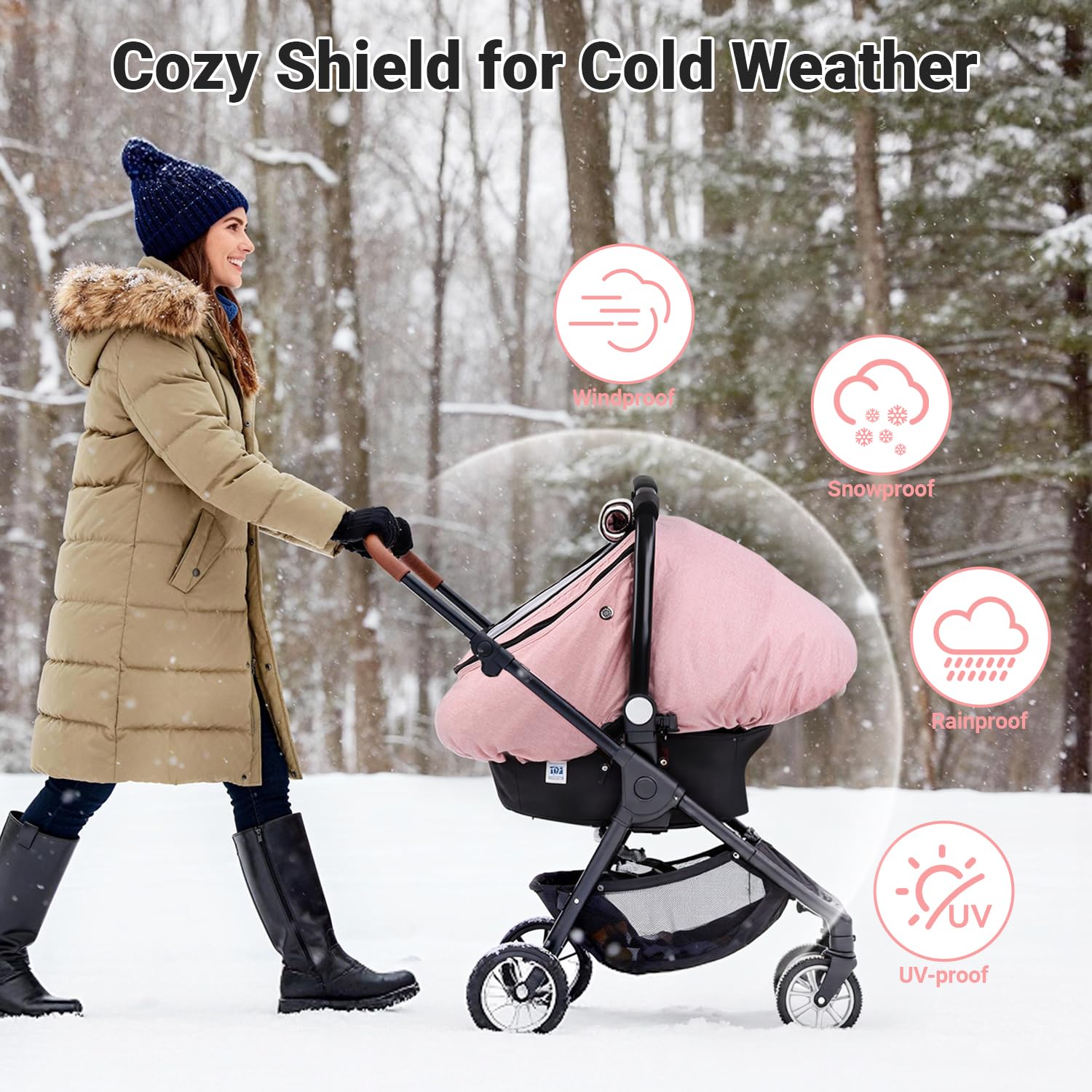 Rquite Car Seat Cover Baby, Winter Carseat Covers Boy Girl, Waterproof Infant Car Seat Cover Warm Car Seat Canopy for Cold Weather, Windproof Baby Carrier/Stroller Cover with 2 Layers Windows, Pink
