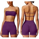 ABOCIW Workout Sets for Women Backless Bandeau Sports Bra Seamless Scunch Butt Lifting High Waist Biker Shorts Gym Set