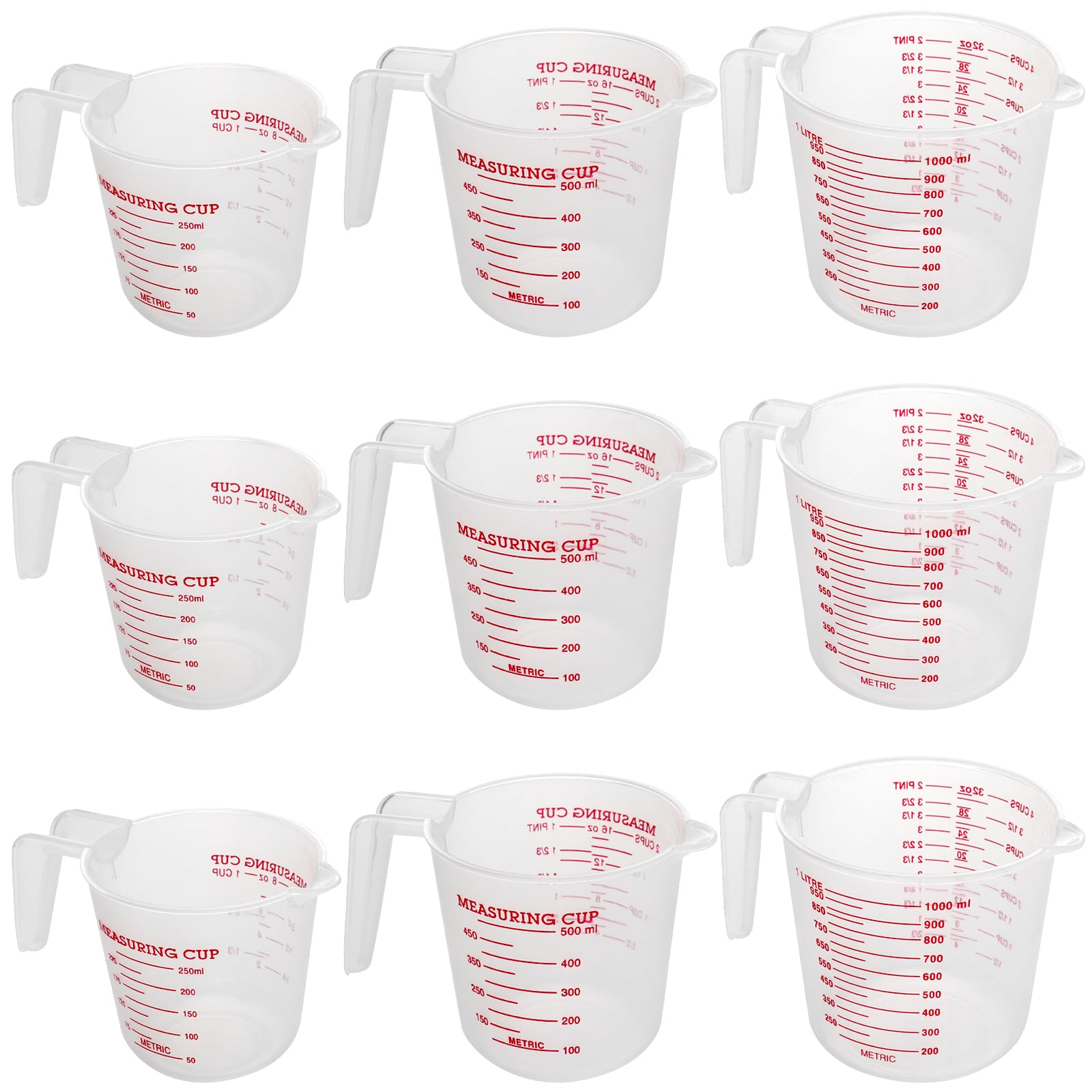 YUENPUN 9 Pack Plastic Measuring Jugs, 250ML 500ML 1000ML Measuring Cup with Handle, Clear Cooking Baking Measuring Jug for Baker Kitchen