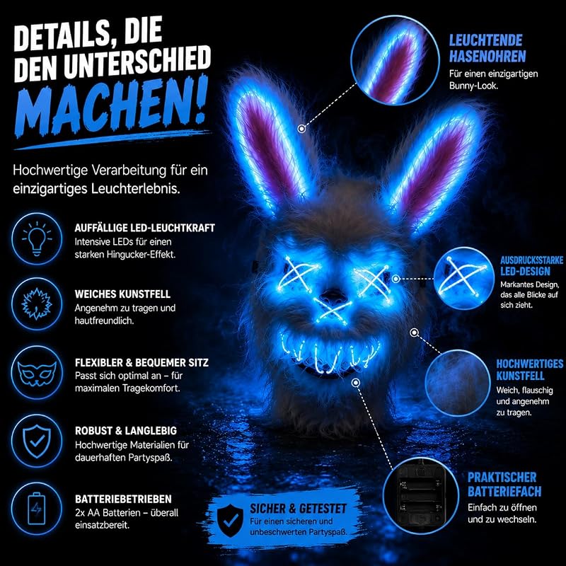 Horror Hase LED Grusel Maske - wie aus Purge steuerbar, Gesicht leuchtend, für Halloween, Fasching & Karneval als Kostüm für Herren & Damen (LED Horror Hase) — Foto 6 von 7