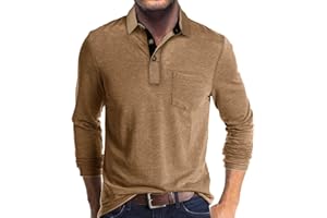 QEKOMA Men's Casual Polo Shirts Classic Button Basic Long Sleeve Shirt Solid Color Cotton Tees Stylish Tops