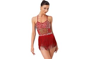 renvena Latin Dance Leotard Women Tassel Fringe Jazz Dance Bodysuit Top Sparkly Rumba Salsa Leotard Costume