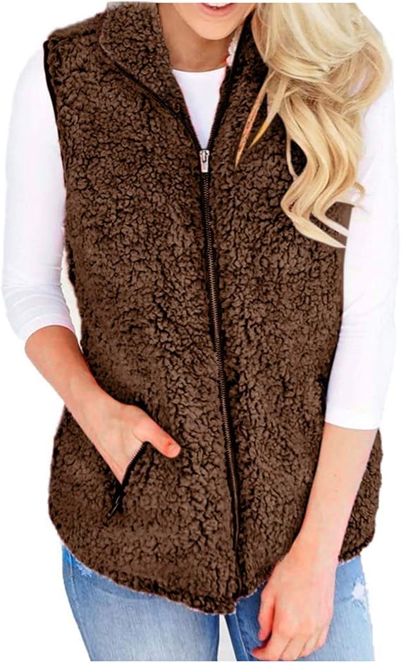 Women's Winter Sleeveless Faux Fur Vest Gilet,Ladie Fleece Quilted Gilet Vest Body Warmer Zip Up 
