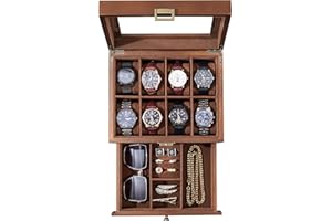 ProCase Wooden Watch Case for Men, 8 Slot Mens Watch Box With Drawer, 2-Layer Watch Display Case, 8 Watch Holder Organizer, Jewelry and Watch Storage Organizer for Men Women -8 Slot, Brown