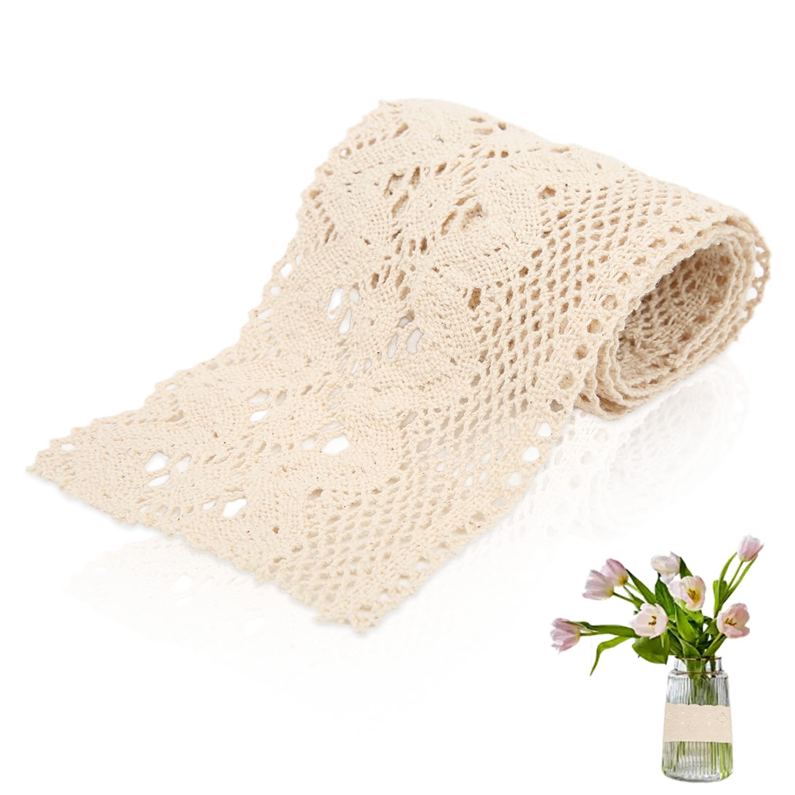 Cyrank 10 Yards Beige Floral Cotton Lace Ribbon, 10cm Wide, Vintage Decorative Lace Fabric for DIY Crafts