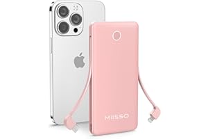 MIISSO 10000mah Slim Portable Charger with Built in Cable, Power Bank Travel Phone Charger External Battery Pack for Phone, 4 Output USB Type C Cord Clutch Charger Compatible with iPhone, Heated Vest, Pink