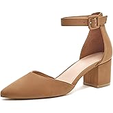 LAICIGO Women's Pointed Toe Pumps Ankle Strap Buckle Chunky Block Heel Dress D'Orsay Shoes