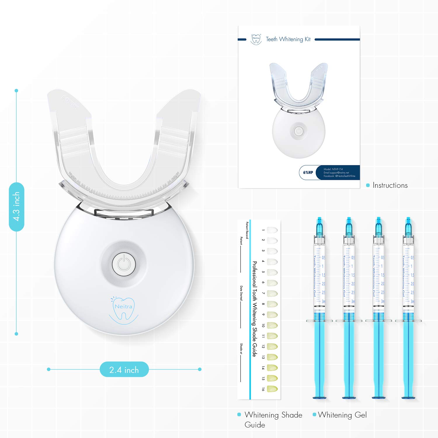 Neitra Teeth Whitening Kit with LED Light for Sensitive Teeth, (4) 3ml Non-Sensitive 6% Hydrogen Peroxide Gel, 8 Days Teeth Whitening, 5X Accelerator Teeth Whitener, 10 Min Timer（Sensitive Series): Beauty
