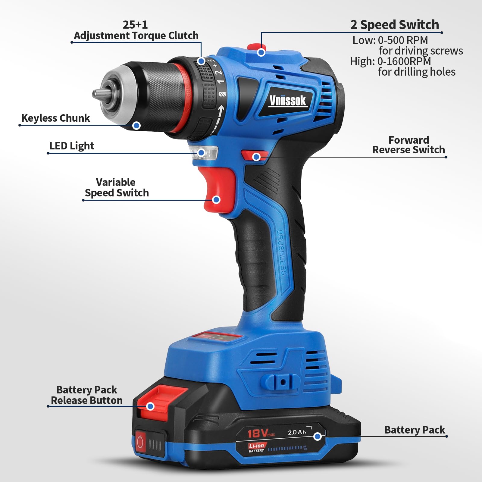 Vniissok Cordless Drill Set,18V Brushless Power impach driver with Battery and Charger, 3/8