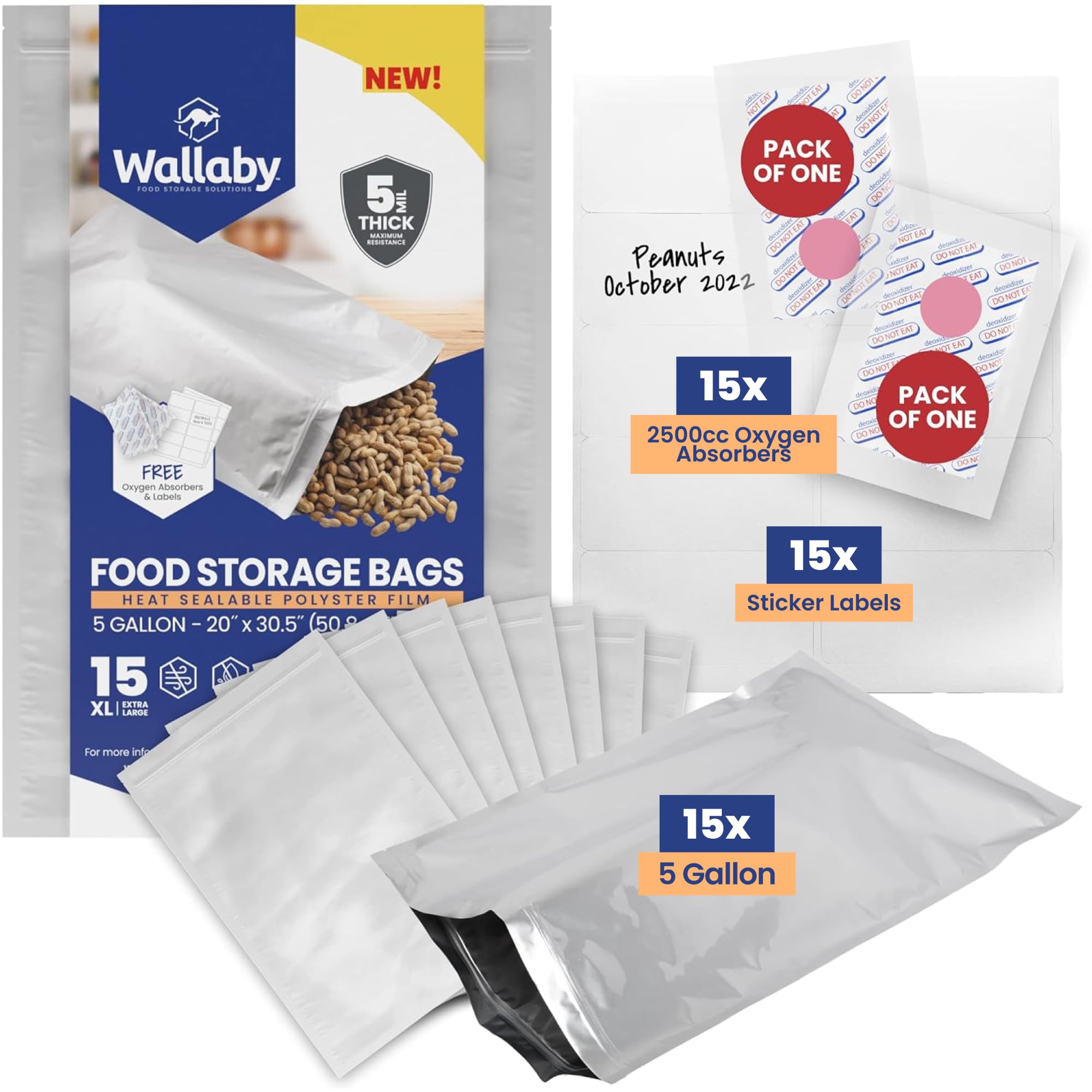 Photo 1 of Wallaby 15 Count 5-Gallon Mylar Bags with 2500cc Oxygen Absorbers, 10 Mil Total Thickness Long-Term Food Storage Pouches, 20x30 Resealable Zipper Heat-Sealable Airtight Packaging - Silver