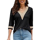 LIOFOER Women's Casual 3/4 Sleeve Shirts Lace V Neck Color Block Dressy Tops Trendy Hollow Floral Blouses T Shirts S-XXL