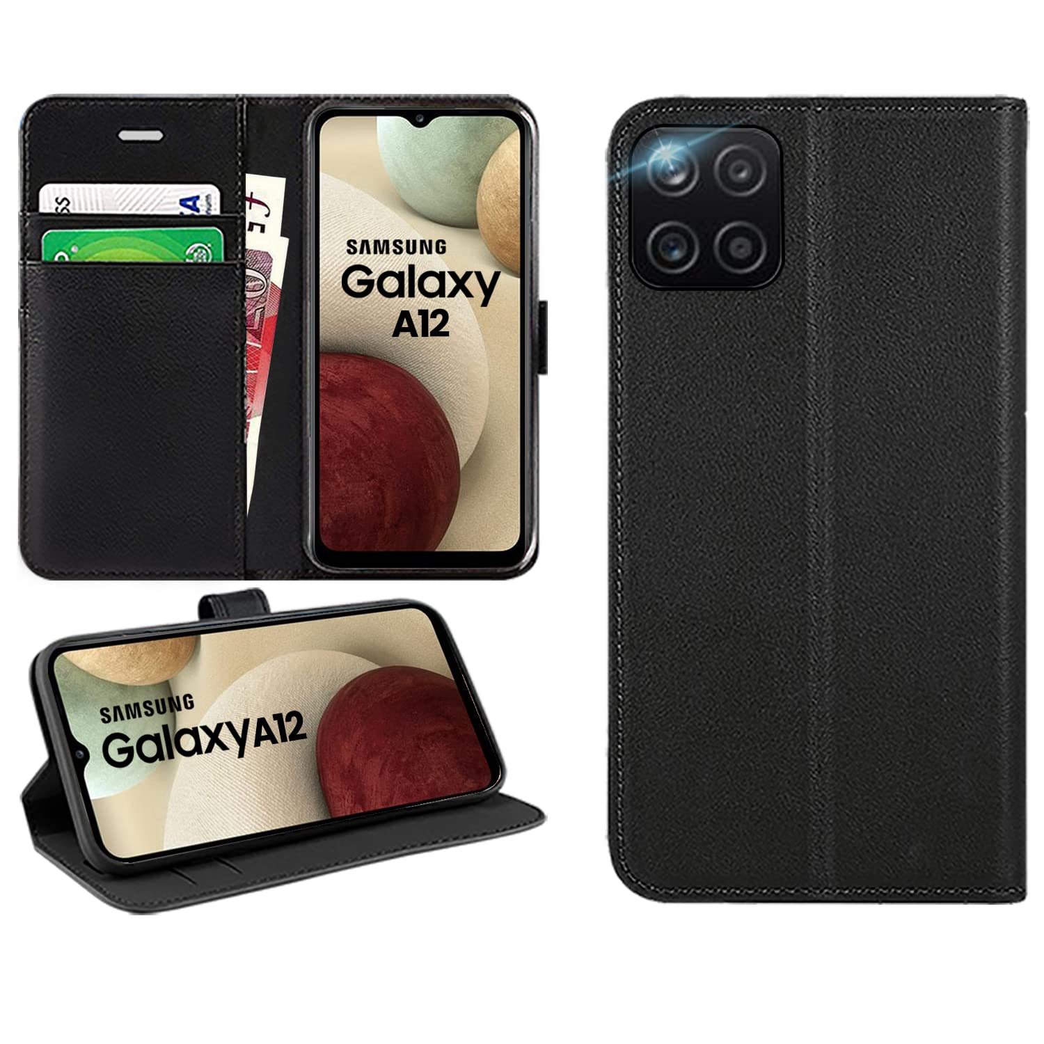 DN-Technology For Samsung Galaxy A12 Case Flip Wallet [Card Holder] [Magnetic Closure] [Kickstand] PU Leather Phone Cover 6.5 inch (BLACK)