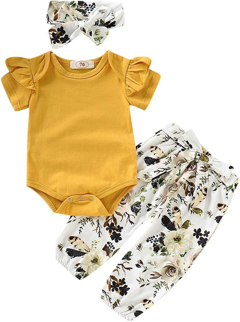 3PCS Infant Toddler Baby Girl Clothes Ruffle Romper Bodysuit Floral Halen Pants Headband Outfits