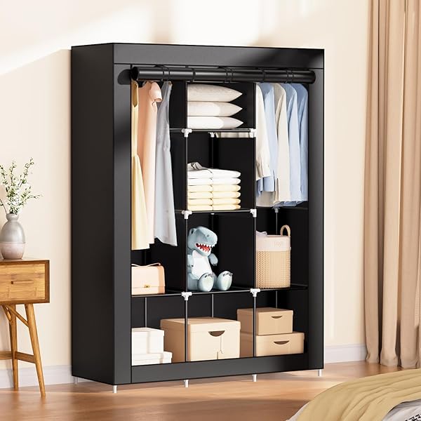 PORTABLE CLOSET FOR HANGING CLOTHES – 66.7-INCH LARGE CAPACITY CLOTHES RACK WITH HOOD, 8 STORAGE SHELVES, 2 HANGING ROD AND 3 SIDE POCKETS,NON-WOVEN FABRIC FREESTANDING CLOSET FOR BEDROOM, BLACK