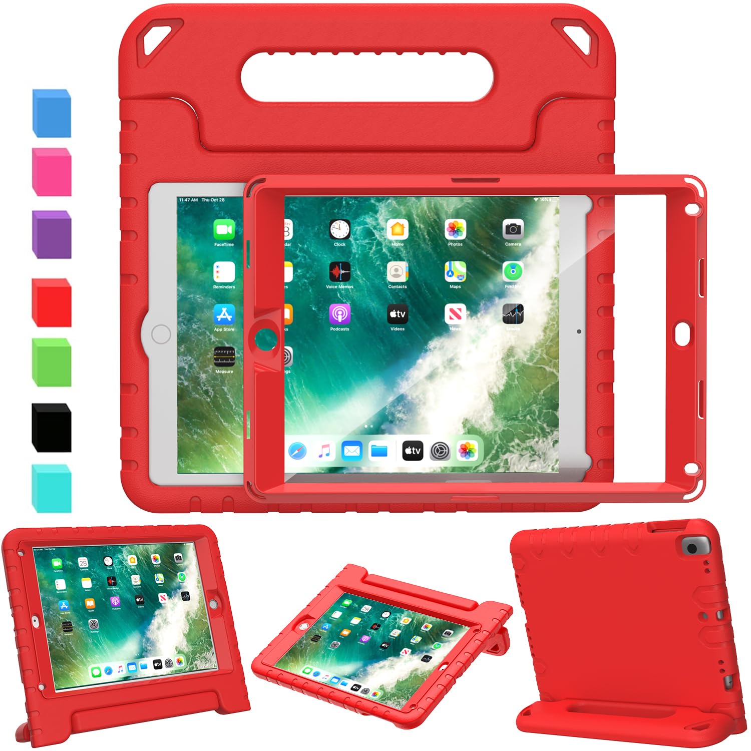SINSO Kids Case for iPad 9.7 inch 6th Generation 2018/5th Generation 2017/iPad Air 2, Shockproof Lightweight ipad Cover Built in Screen Protector/Handle/Stand, Red