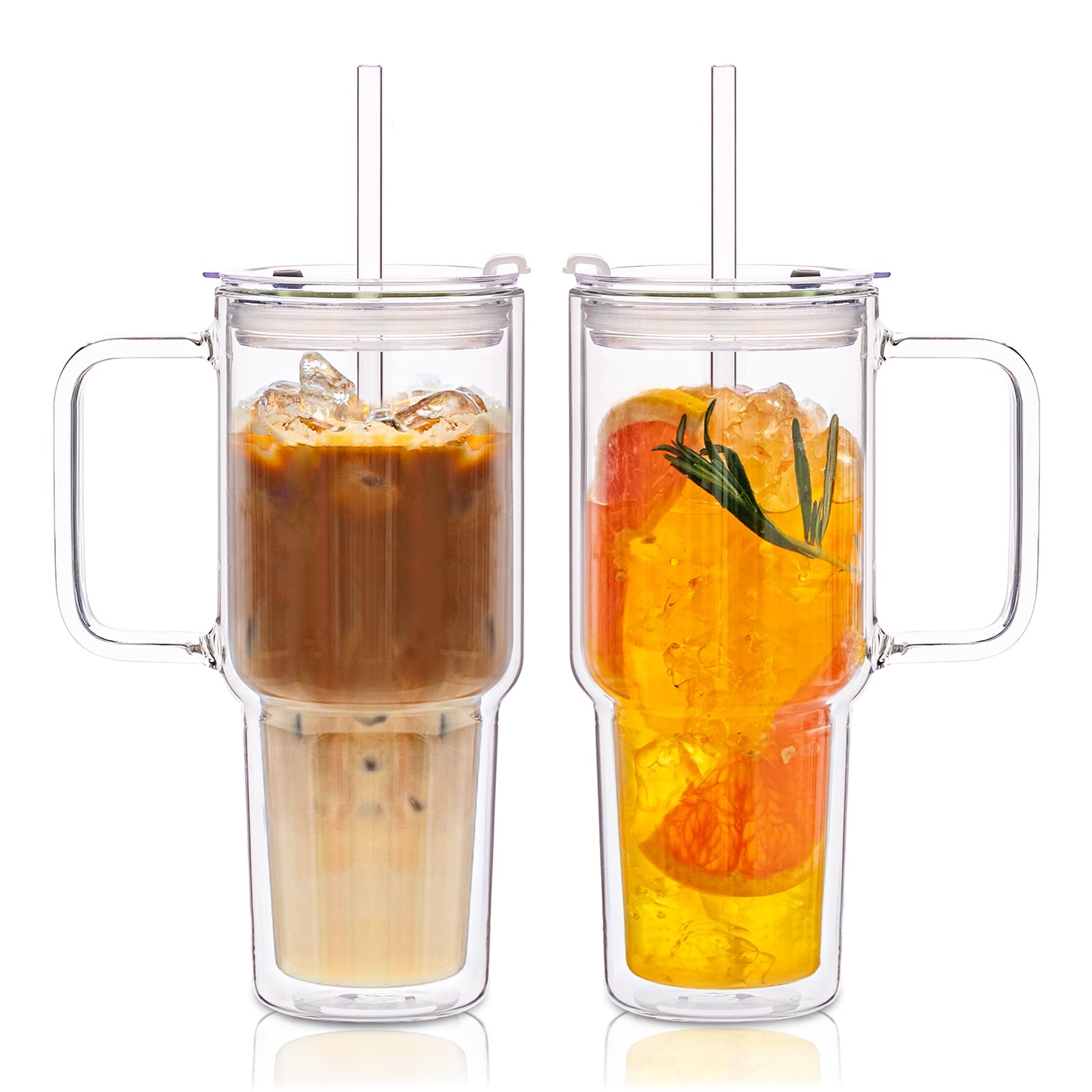 Photo 1 of 2 Pack 28oz Double Wall Glass Tumblers with Handle, Lids & Straws – Large Insulated Clear Borosilicate Glass Cups for Iced Coffee, Smoothies, Bubble Tea & Cold Beverages (2PCS Double-Wall Tumbler)