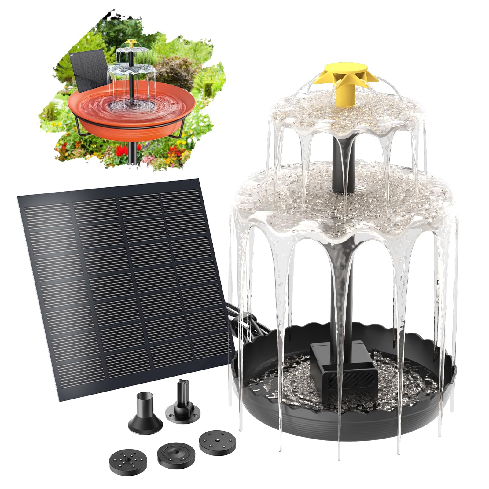 Photo 1 of Bird Bath Solar Fountain Pump, Water Pump Set Solar Powered Waterfall Featur, DIY Solar Fountain Detachable and Suitable for Birdbath Garden Decoration Outdoor Bird Feeder (3-Tier)