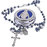 Catholic Pearl Cross Rosary Necklace — Ideal for Baptism, Prayer, Devotion — 6mm Glass Beads & 8mm Our Father Beads w/Caps, Miraculous Jewelry Box – Perfect Religious Gift for Women, Men