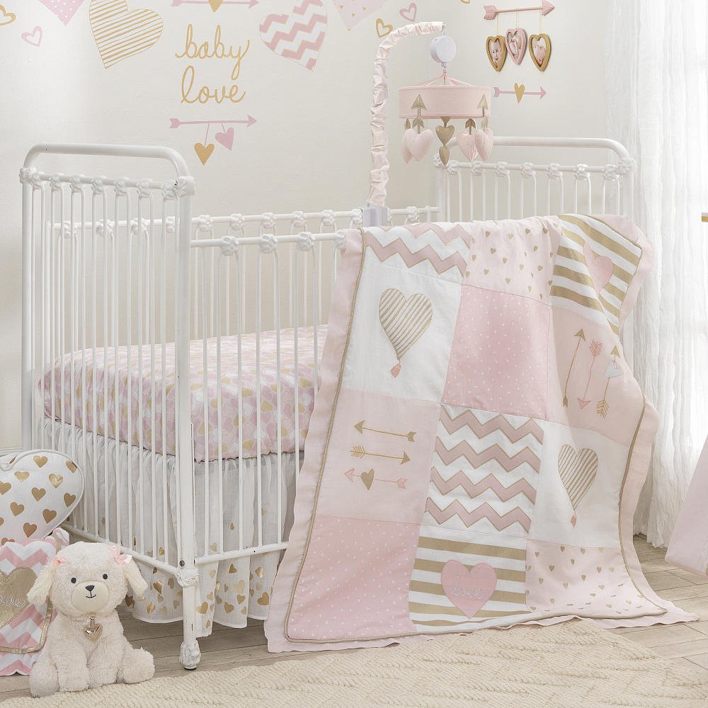 Lambs & Ivy Baby Love Pink/Gold Heart 4 Piece Crib Bedding Set